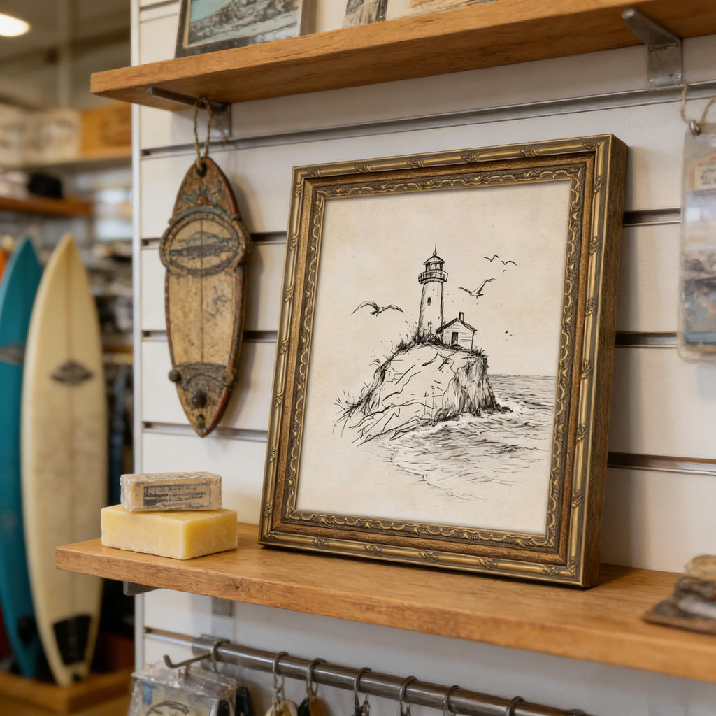 Gold Framed Wall Art, Vintage Coastal Lighthouse Sketch Canvas Prints - Rustic Nautical Summer Beach Pictures