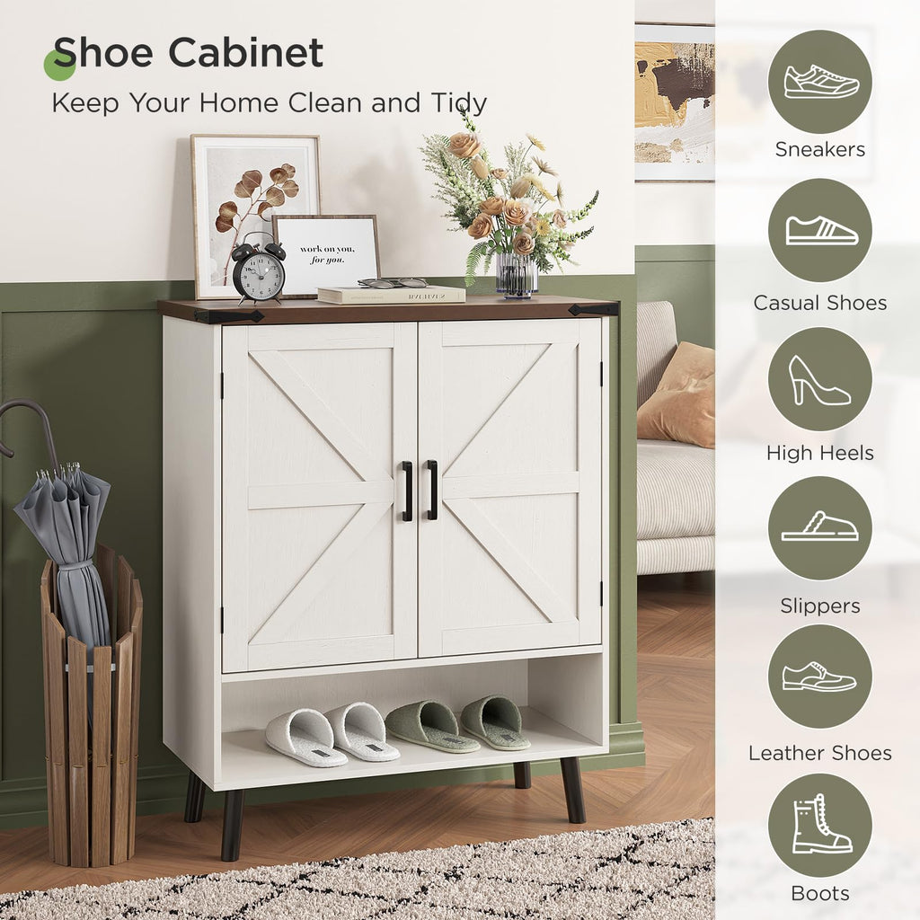 34" Tall Farmhouse Shoe Storage Cabinet with Barn Doors, White