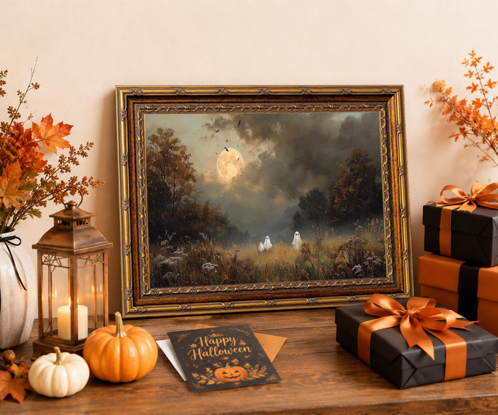 Vintage Gold Framed Halloween Ghost Wall Art, Gothic Ghost Meadow Canvas