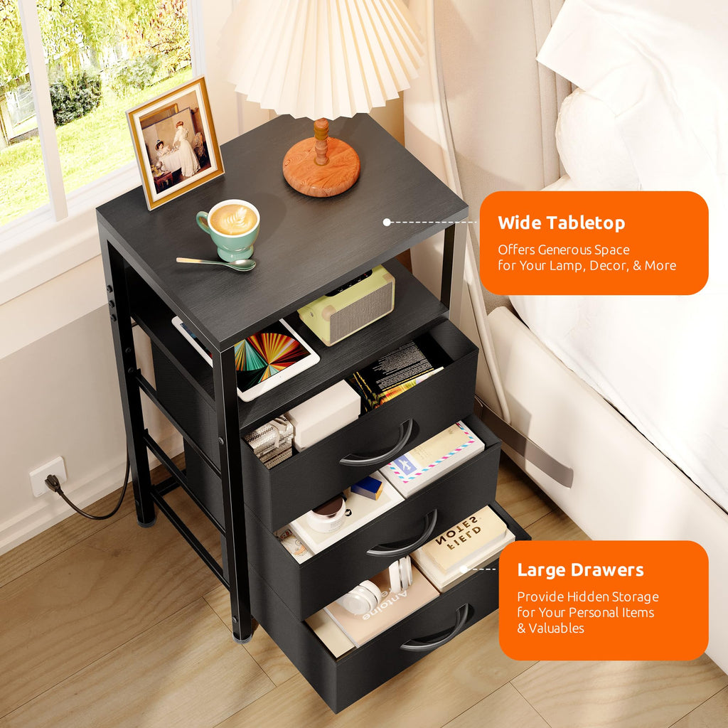 Night stand with Charger Station, 3 Fabric Drawers, Black