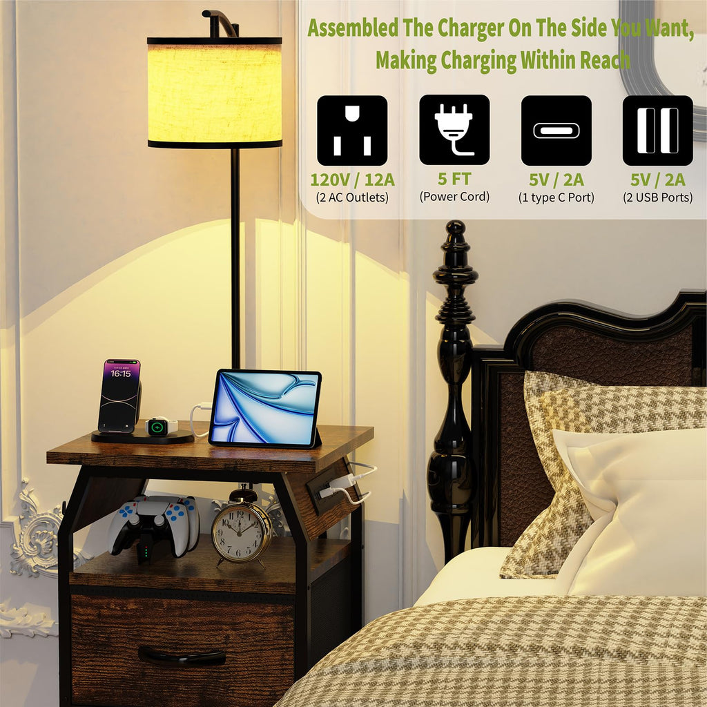 Floor Lamp with Table, End Table with Light and Charging, Rustic