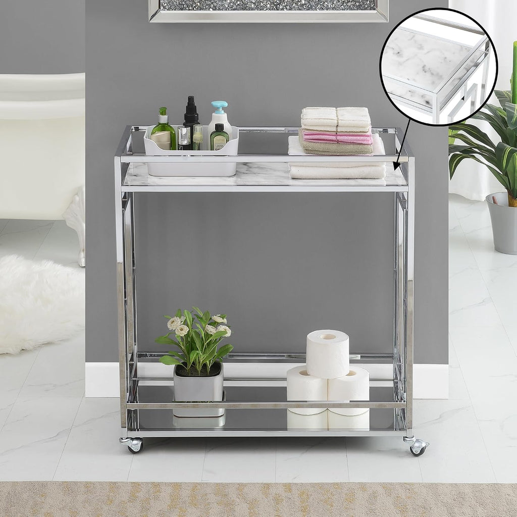 Town Square Chrome Faux Marble Mirrored Bar Cart 29.25" - Modern 360-Degree Swivel Serving Cart with Storage Shelf