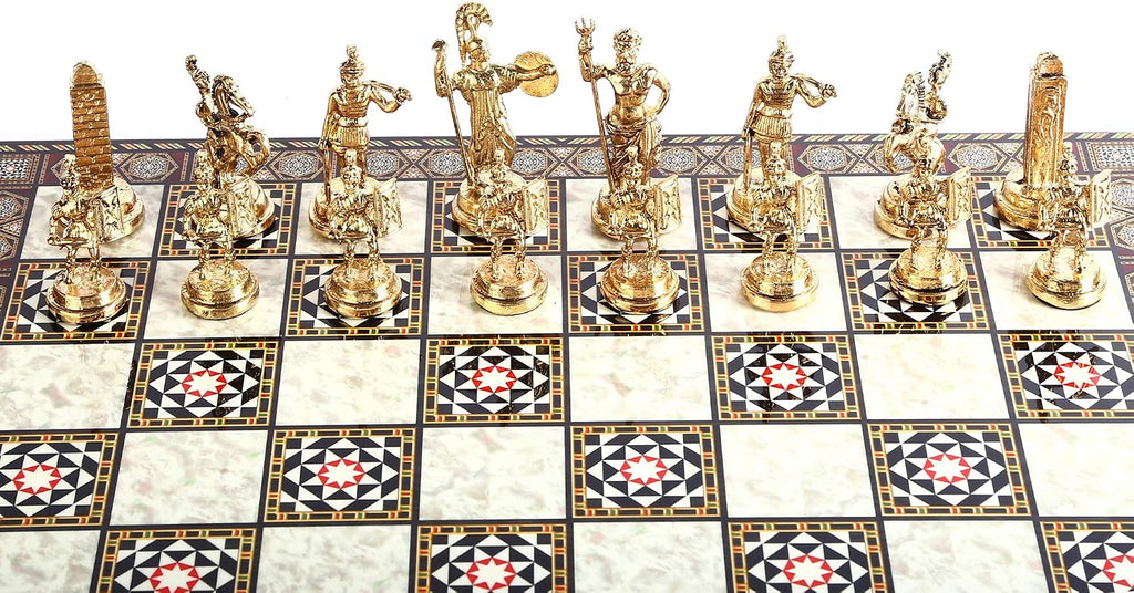 Historical Roman Figures Metal Chess Set for Adults, Handmade Pieces and Mosaic Design Wooden Chess Board King 2.8 inc