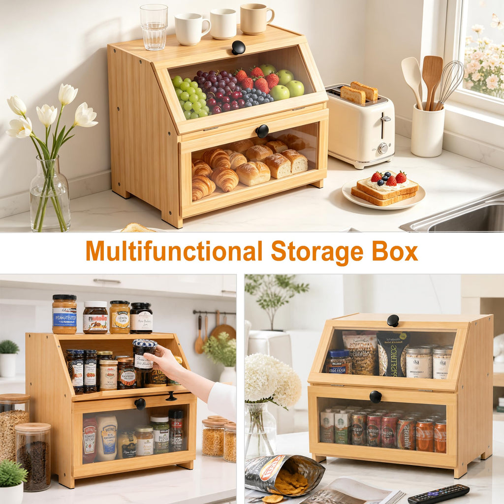 Bamboo Countertop, Large Bread Storage Container Bin 2 Layer Breadbox Holder Counter, Cabinet, Pantry, Cupboard