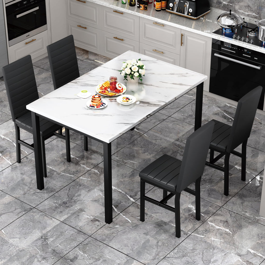 5-Piece Small Dining Table Set for 4, Modern Faux Marble Kitchen Table with 4 Upholstered PU Leather Chairs, Dining