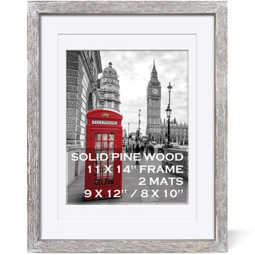 11x14 Solid Wood Picture Frame, Distressed Driftwood White - Rustic Farmhouse Design, 2 Mats for 9x12 or 8x10 Photos