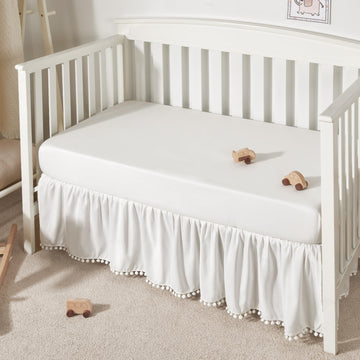 Baby Crib Skirt Girls Boys, Ruffled Bed Skirt with Pompoms, 28"x 52", 14'' Drop, White
