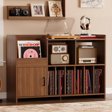 48" Mid-Century Modern Record Player Stand with Door, Walnut