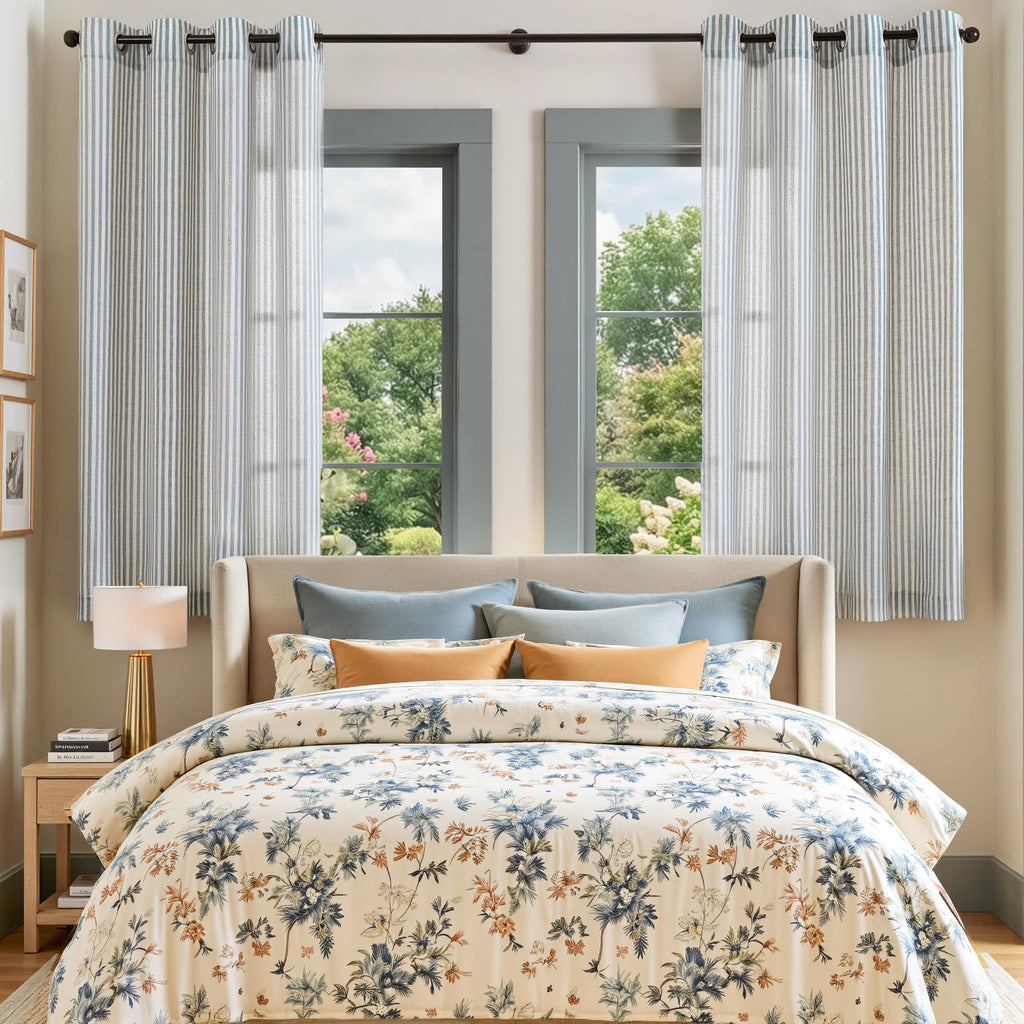 Linen Curtains, Striped Blue Curtains 63L, 2 Panels