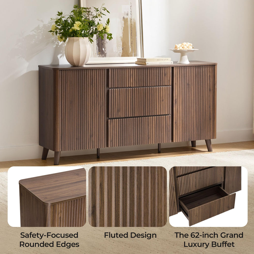62" Fluted Sideboard Buffet Cabinet with 3 Drawers, Walnut