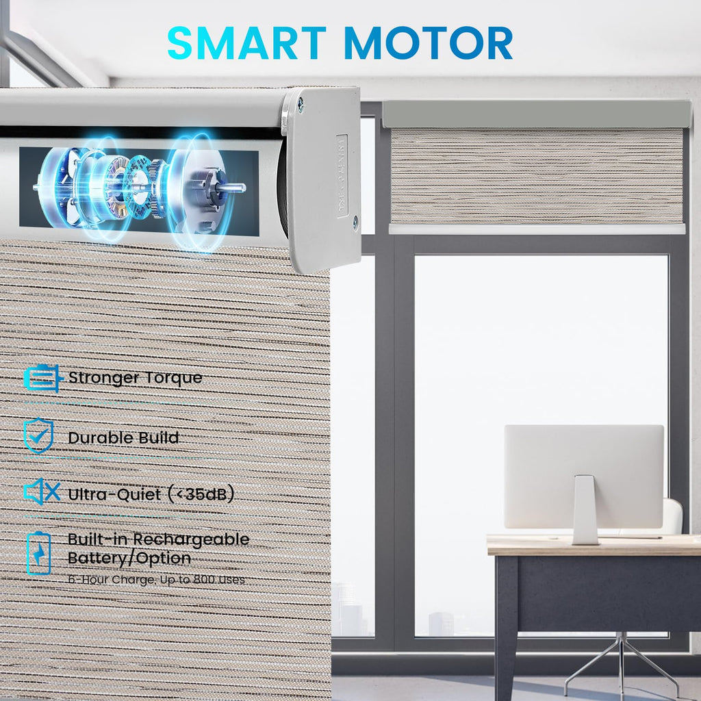 Motorized 100% Blackout Roller Shades - Smart Blinds with Remote Control, Rechargeable Battery or Plug-in Motor, Tuya