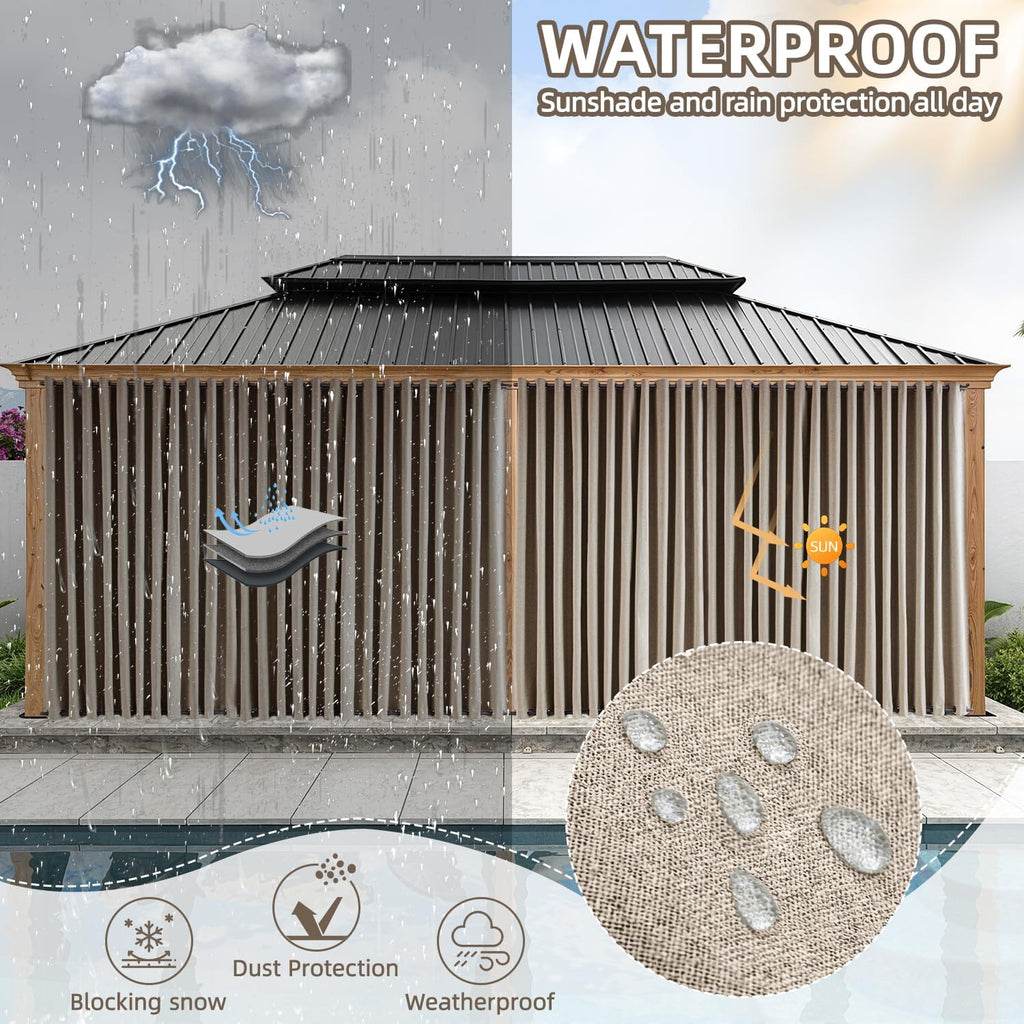 Waterproof Outdoor Curtains with Zipper 2 Panels Faux Linen Sun Blocking Blackout Privacy Patio Curtains Top & Bottom