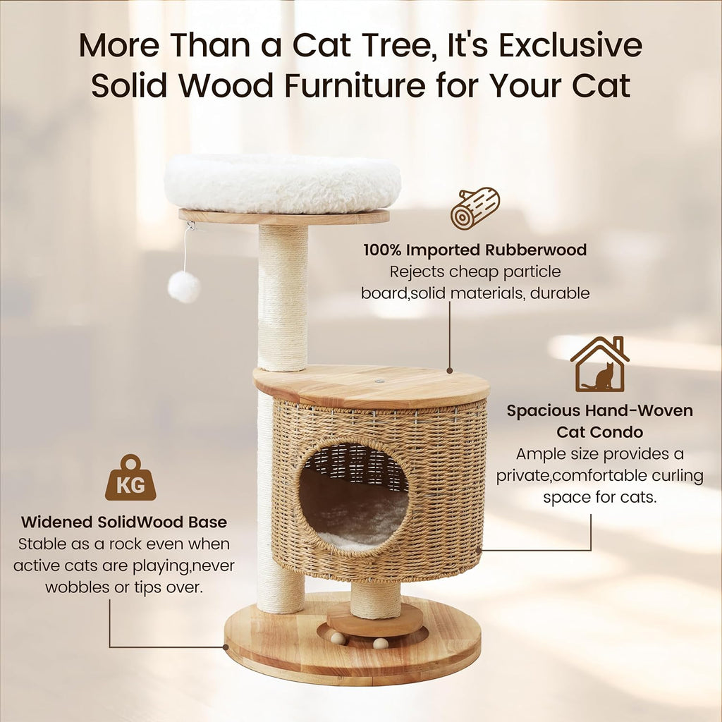 30-Inch Solid Wood Cat Tree Tower for Small to Medium Cats