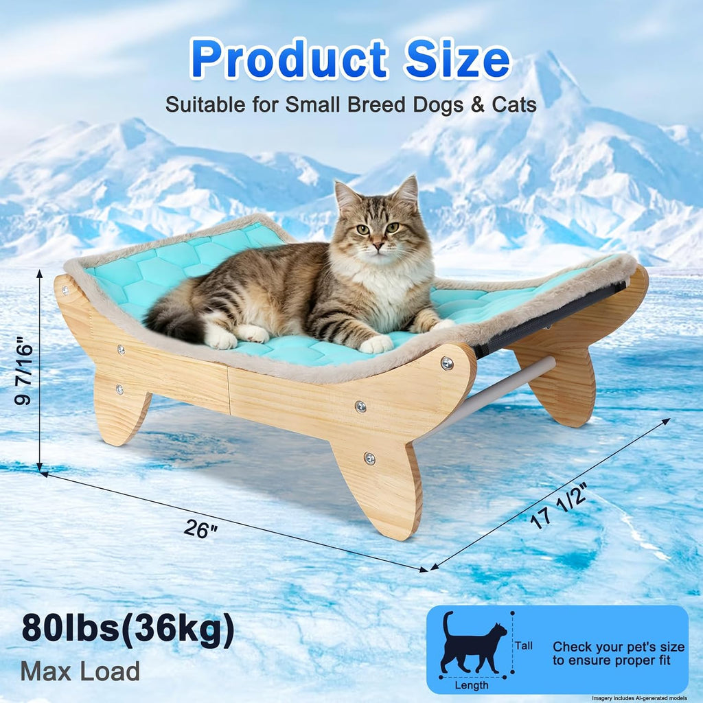 Elevated Cat Bed, Wooden Raised Cat Bed with Ice Cooling Mat