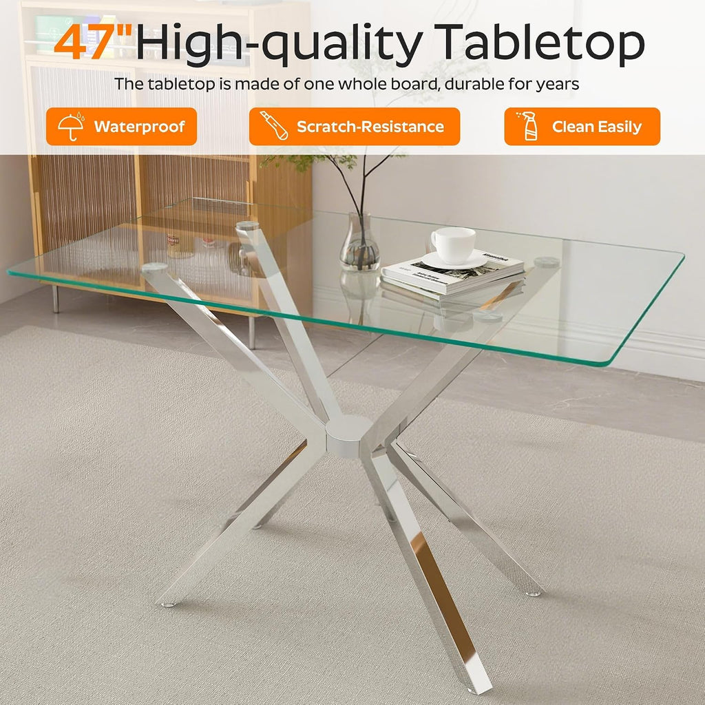 Modern Rectangular Glass Dining Table Set of 6, 47'' Minimalism Kitchen Table with 6 White Silver PU Leather High
