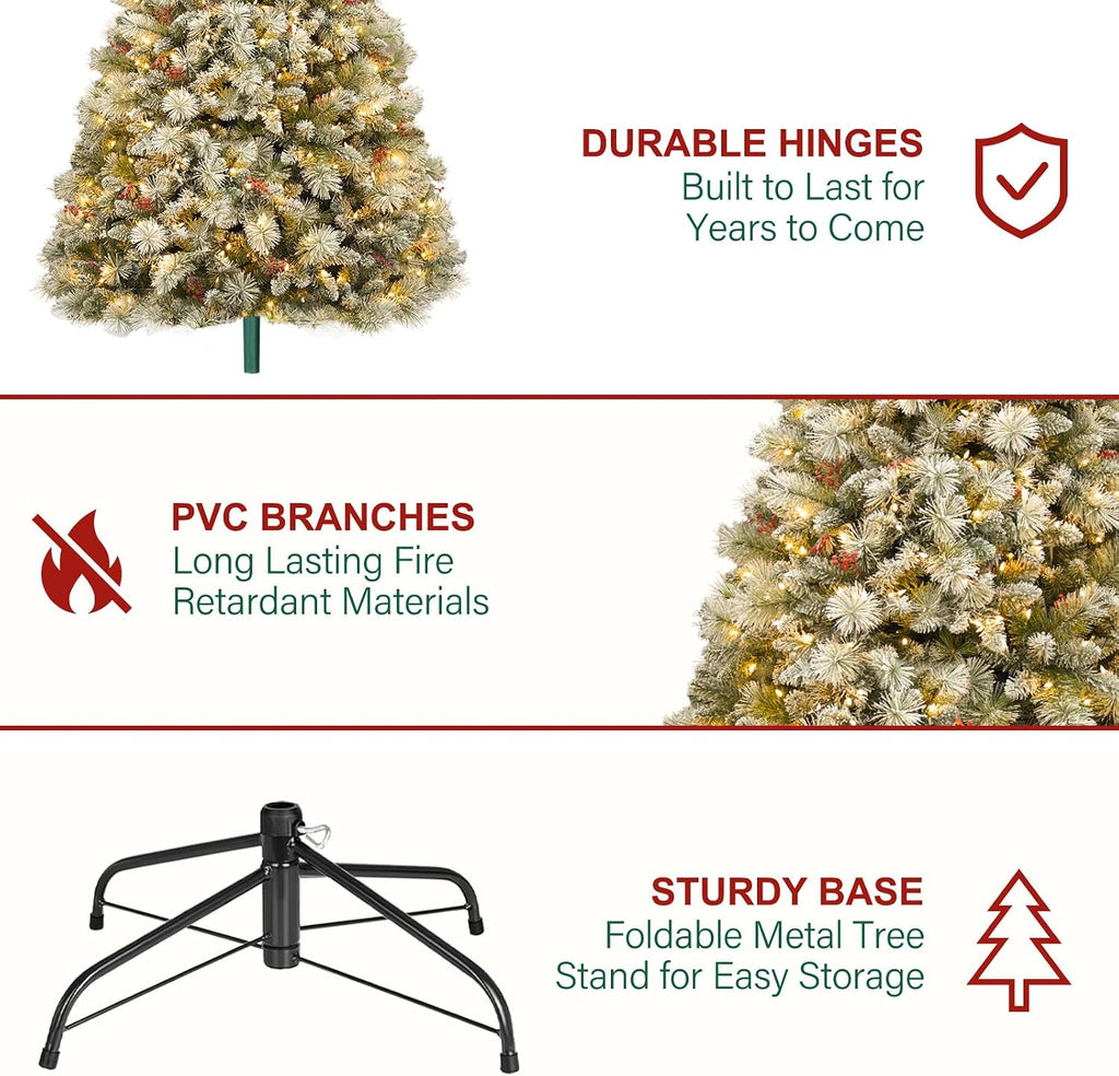 Prelit Flocked Christmas Tree with Pine Needle and Brerries