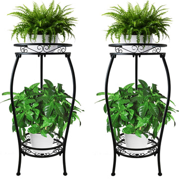 2Pack Plant Stand Indoor Outdoor, 2 Tier 26.6" Tall Metal Potted Holder Rack Multiple Flower Pot Stand Heavy Duty