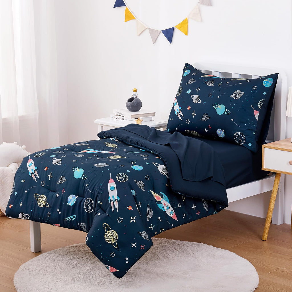 Toddler Bedding Set for Boys, Space Rocket Planet Star, 4 Pieces Soft Crib Bed Set Including Comforter, Sheets and