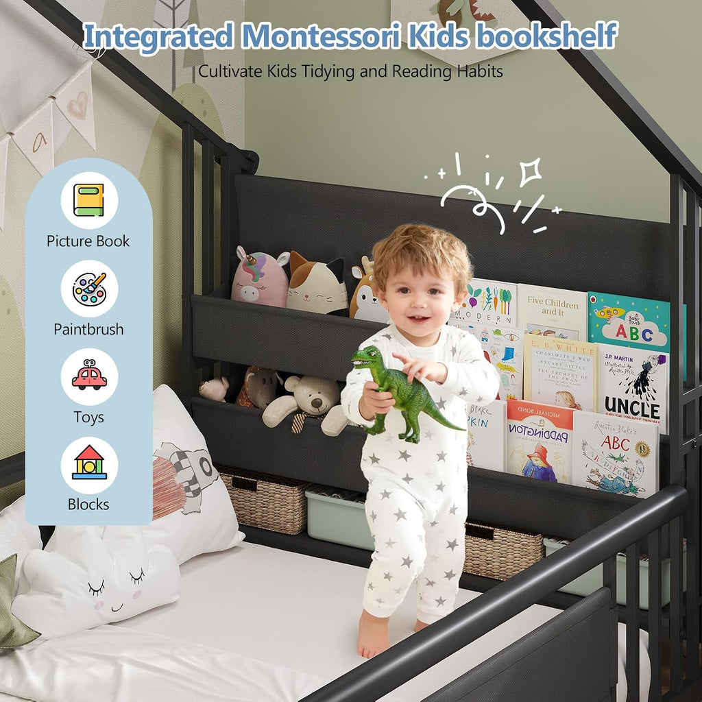 Montessori Floor Bed with Storage Bookshelf and Wood Slats House Floor Bed for Toddlers with Safety