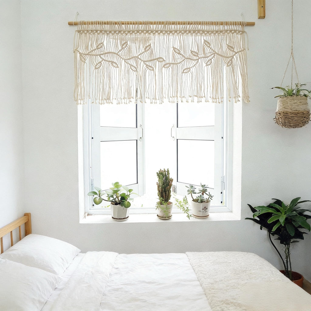 Macrame Valance Curtain for Kichen Windows 35.43*23.62Inch Farmhouse Boho Curtains Window Valance with Tassels Leaf