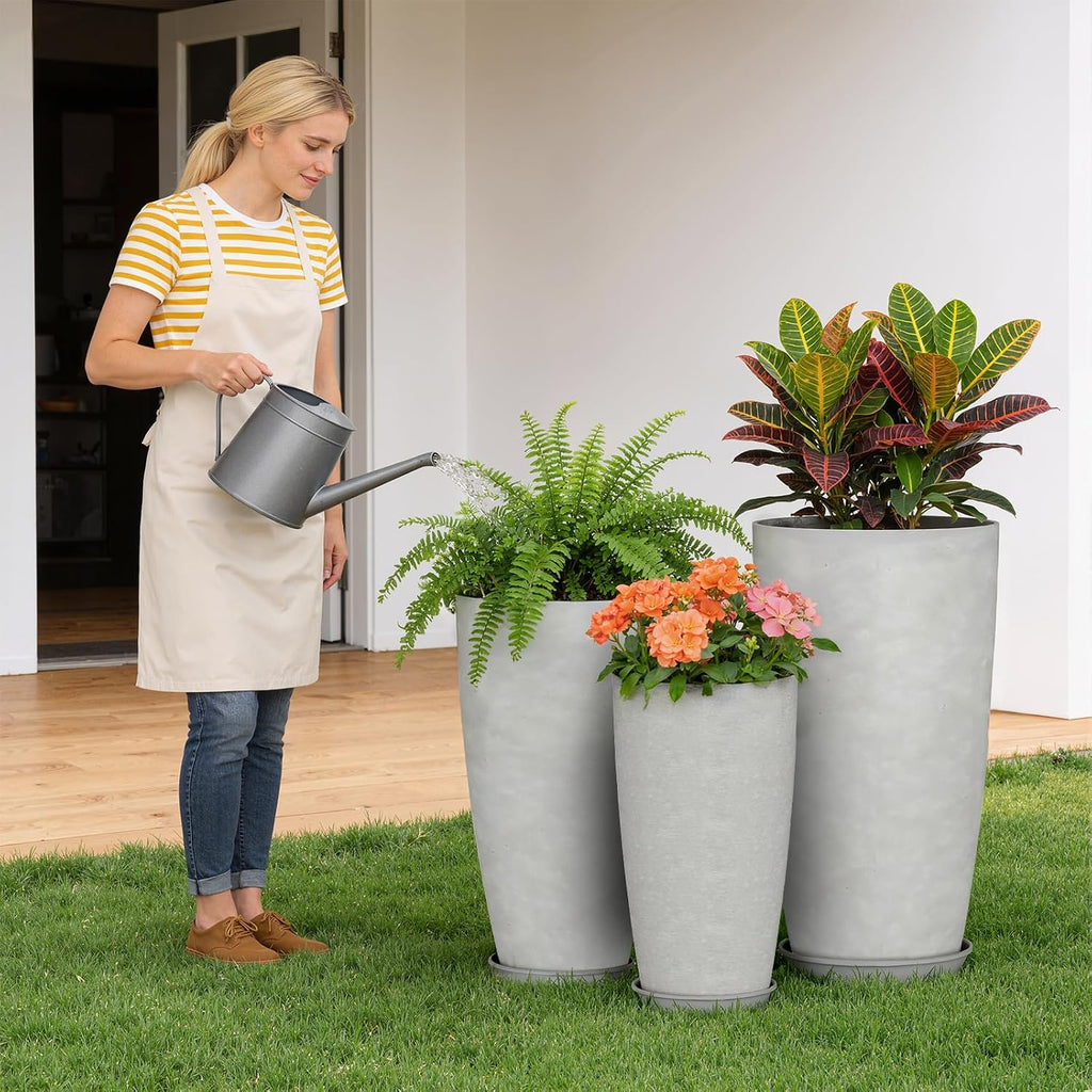 24, 21, 18 inch Tall Planters for Outdoor Plants, with Drainage Hole & Saucer, Set of 3 Tall Outdoor Planter for