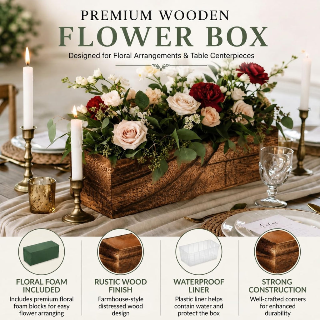 4 Set Wood Rectangle Boxes 12x4 Inch Rustic Planter with Liner