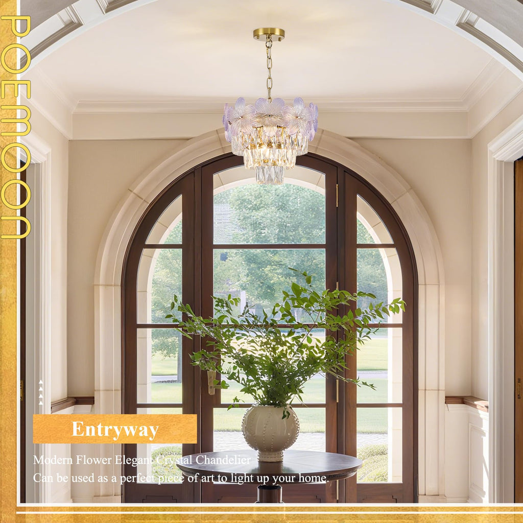 14" 3-Light Purple Flower Crystal Chandelier Gold Light Fixture