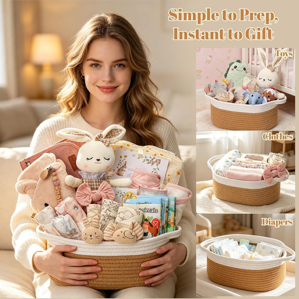 Baby Girl Gifts for Newborn, Baby Girl Gift Basket with Bunny Plush Toy, Onesie, Blanket & Diaper Caddy Organizer