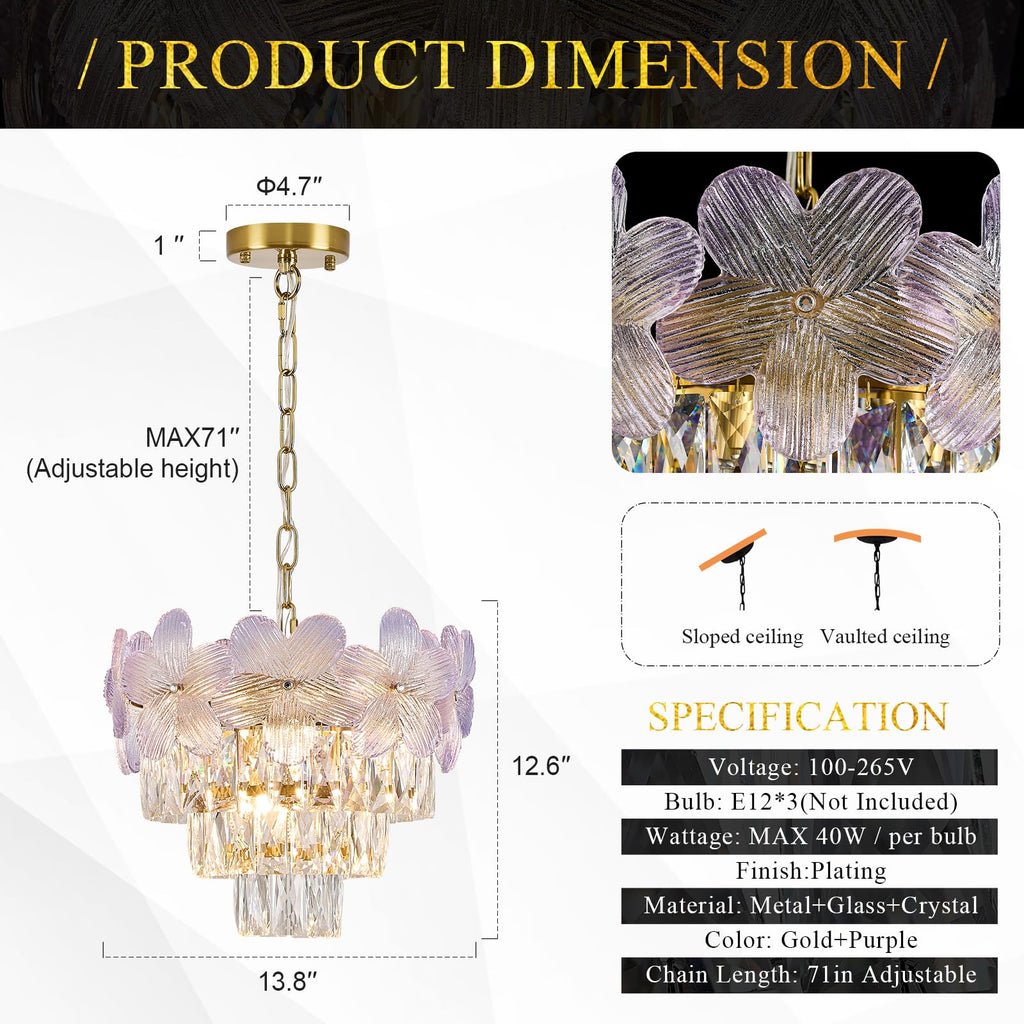 14" 3-Light Purple Flower Crystal Chandelier Gold Light Fixture