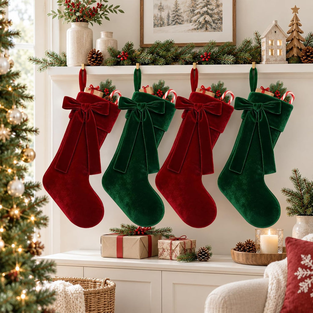 4 Pack 18 in Christmas Velvet Hanging Stocking Xmas Home Decoration