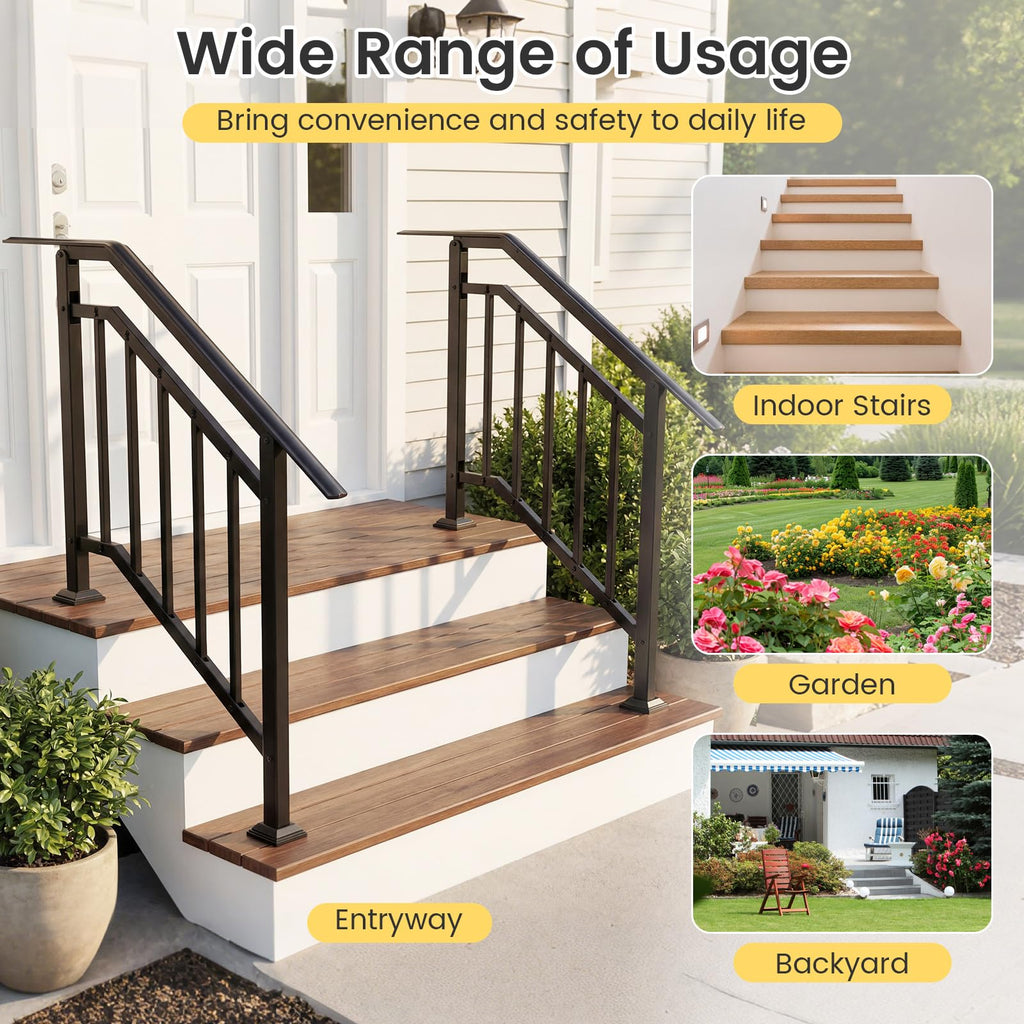 2 Pack Handrails for Outdoor Steps, 3-Step Galvanized Metal Hand Rails with Adjustable Angle, Heavy-Duty Indoor Stair