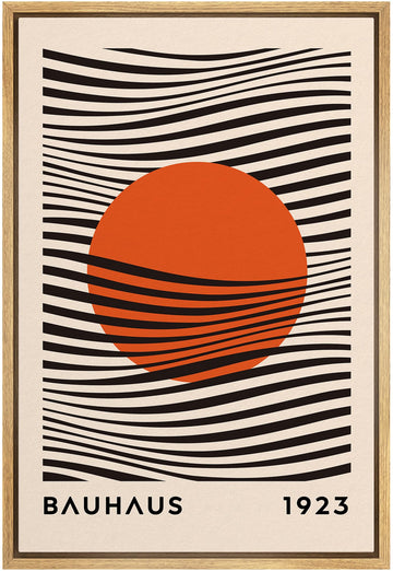 Framed Canvas Print Wall Art Mid-Century Bauhaus Red Sun & Black Waves Shapes Abstract Illustrations Modern Art