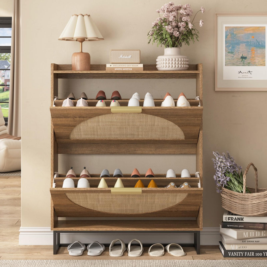 Rattan Shoe Storage Cabinet with 2 Flip Drawers, Freestanding Shoe Organizer with Metal Legs, Hidden Golden Handles