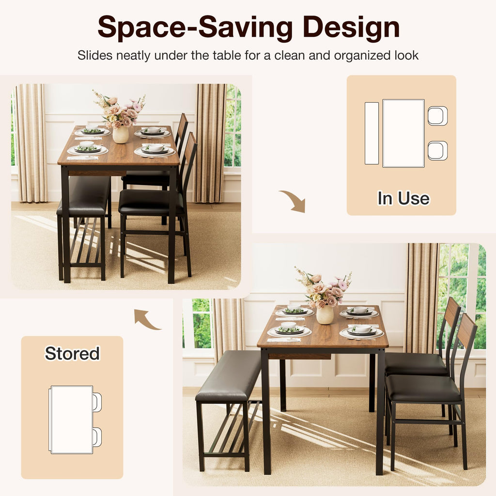 43.3" Dining Room Table Set for 4, Drawer, 2 Chairs & Bench, Walnut