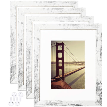 8x10 Picture Frame Distressed White Wood Pattern Set of 4 with Tempered Glass, Display Pictures 5x7 with Mat or 8x10