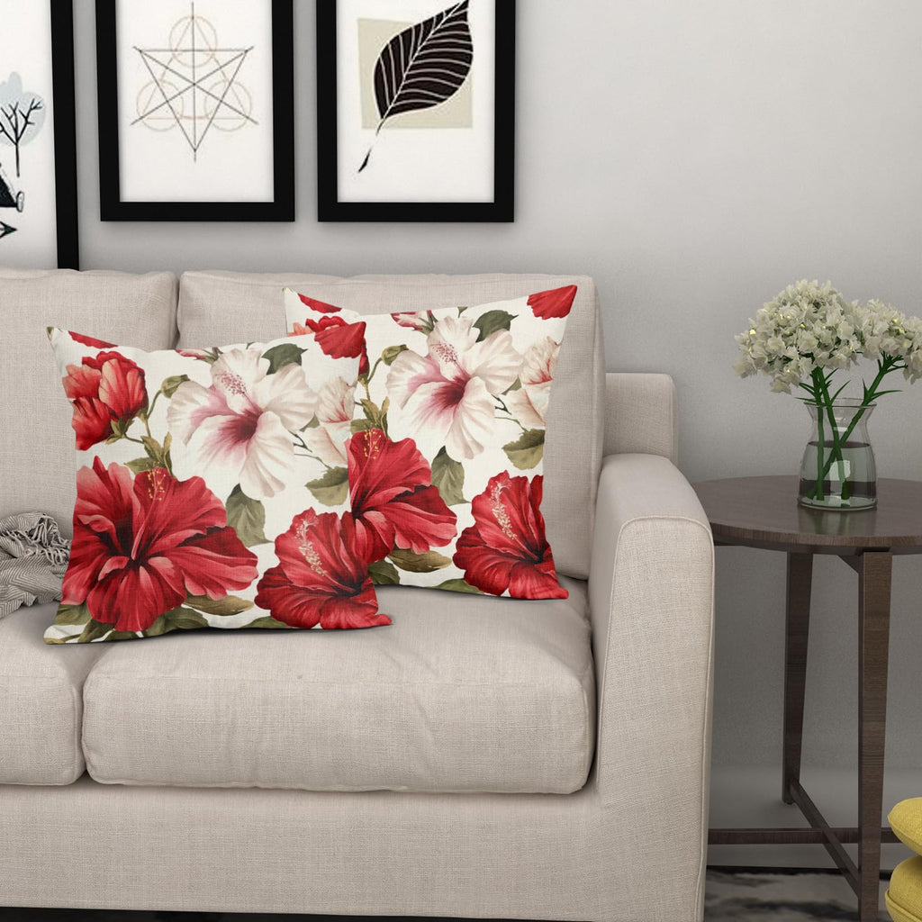 2PCs Hibiscus Flower Pillow Covers Tropical Red White Floral Decorative Throw Pillowcases 20x20inch Spring Summer