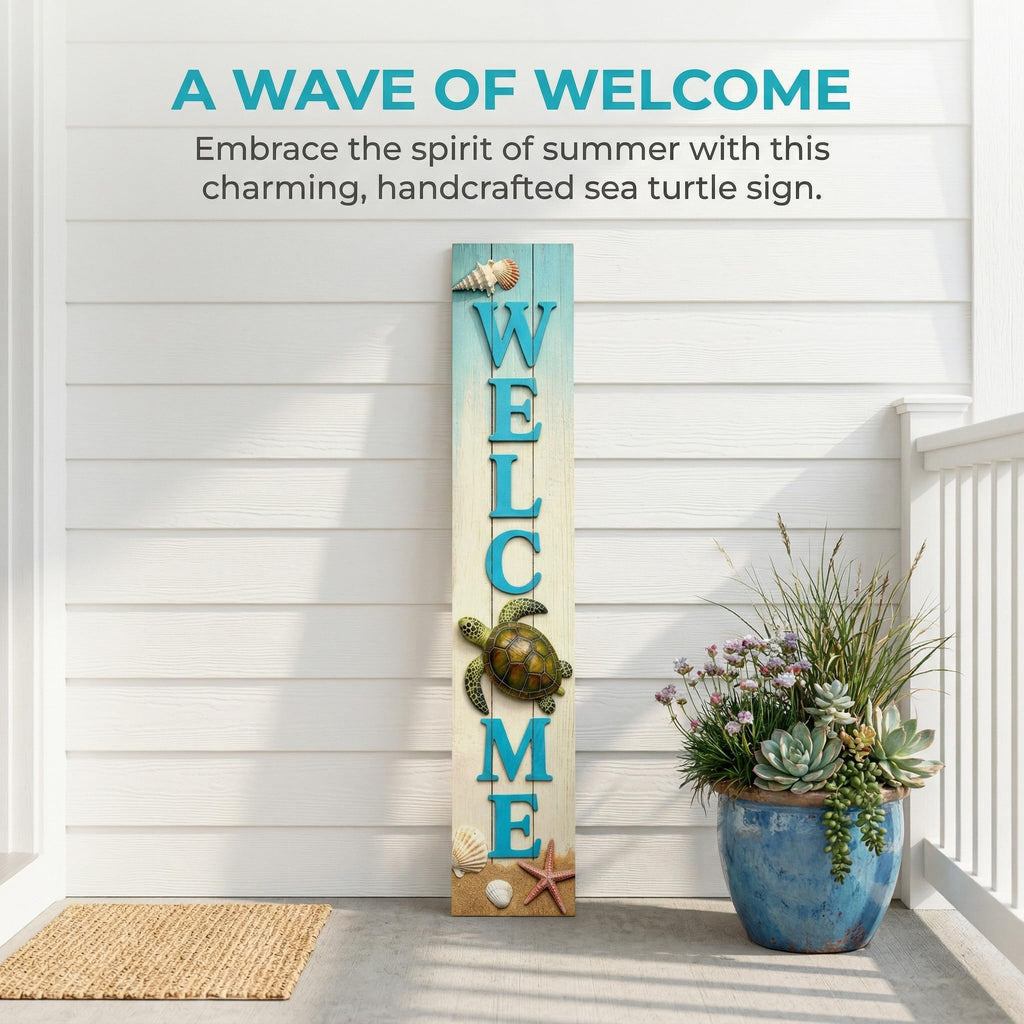 Vertical Wooden Sea Turtle Welcome Porch Sign, Rustic Summer Porch Standing Sign, Beach Decorative Plaques for Front
