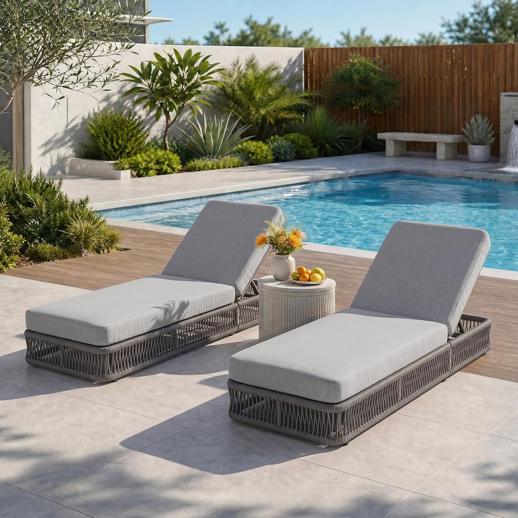 Outdoor Chaise Lounge Chair, 5-Position Adjustable Backrest, All-Weather Grey Woven Rope Recliner with 5 Inch Light
