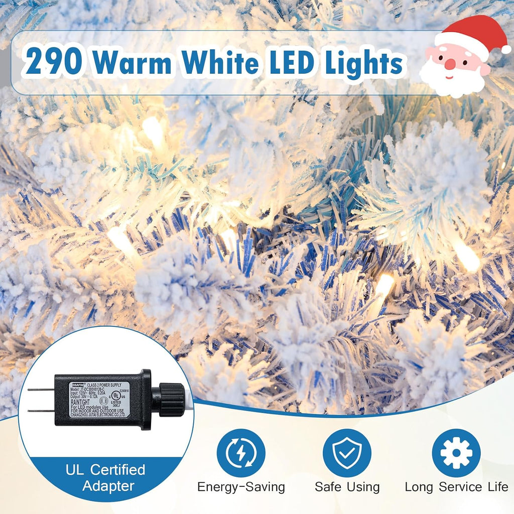 7 FT Pre-lit Flocked Pencil Christmas Tree Blue Slim Artificial Xmas Tree with 588 Branch Tips, 290 Warm White LED