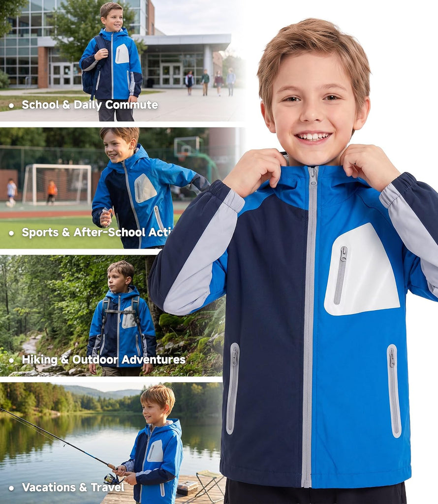 Boys Rain Jacket Waterproof Windbreaker with Hood Mesh Lined