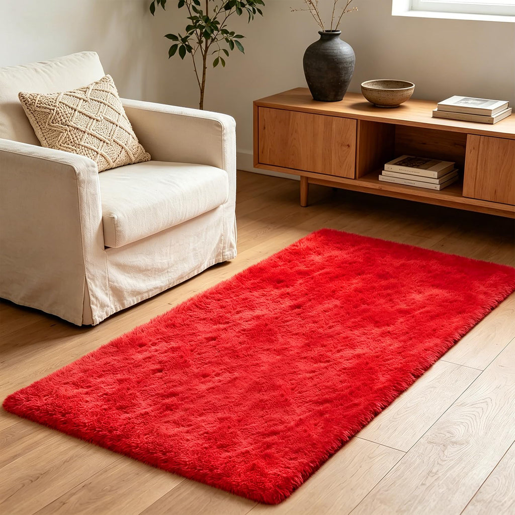 Shag Runner Rug Living Room 3x7 Upgrade Non-Slip Fluffy Soft Bedside Rugs, Red Shaggy Carpet Dorm Home Decor Aesthetic