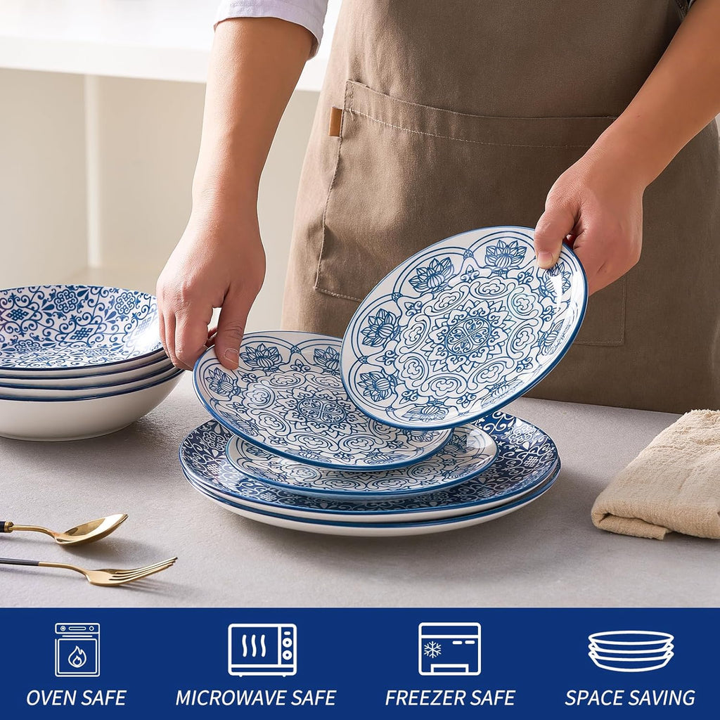 Porcelain Dinnerware Sets Service for 4, 12 pcs Hand drawn Plates and Bowls Sets, Handmade Ceramic Dish Set