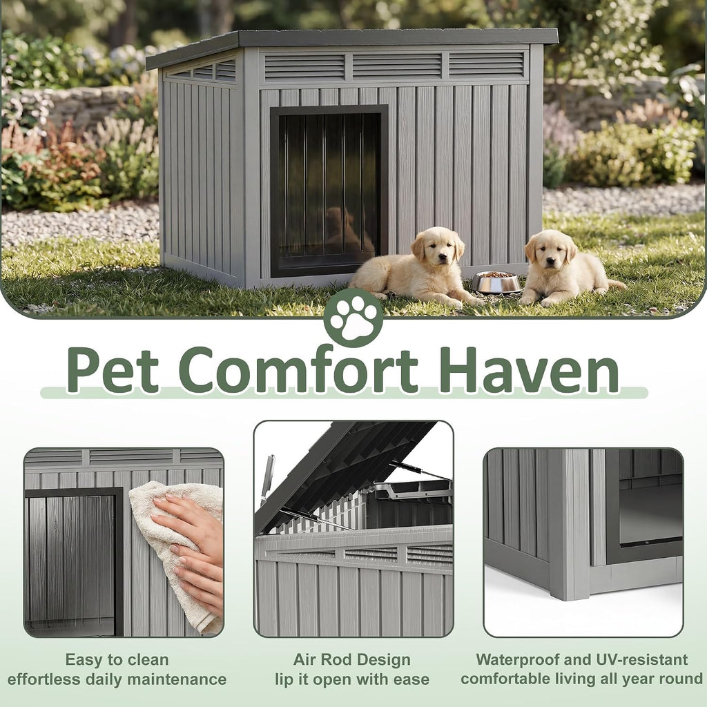 Large Dog House, Weatherproof Resin Large Dog House Outdoor with Sloped Roof & Ventilation, Indoor Outdoor Dog House