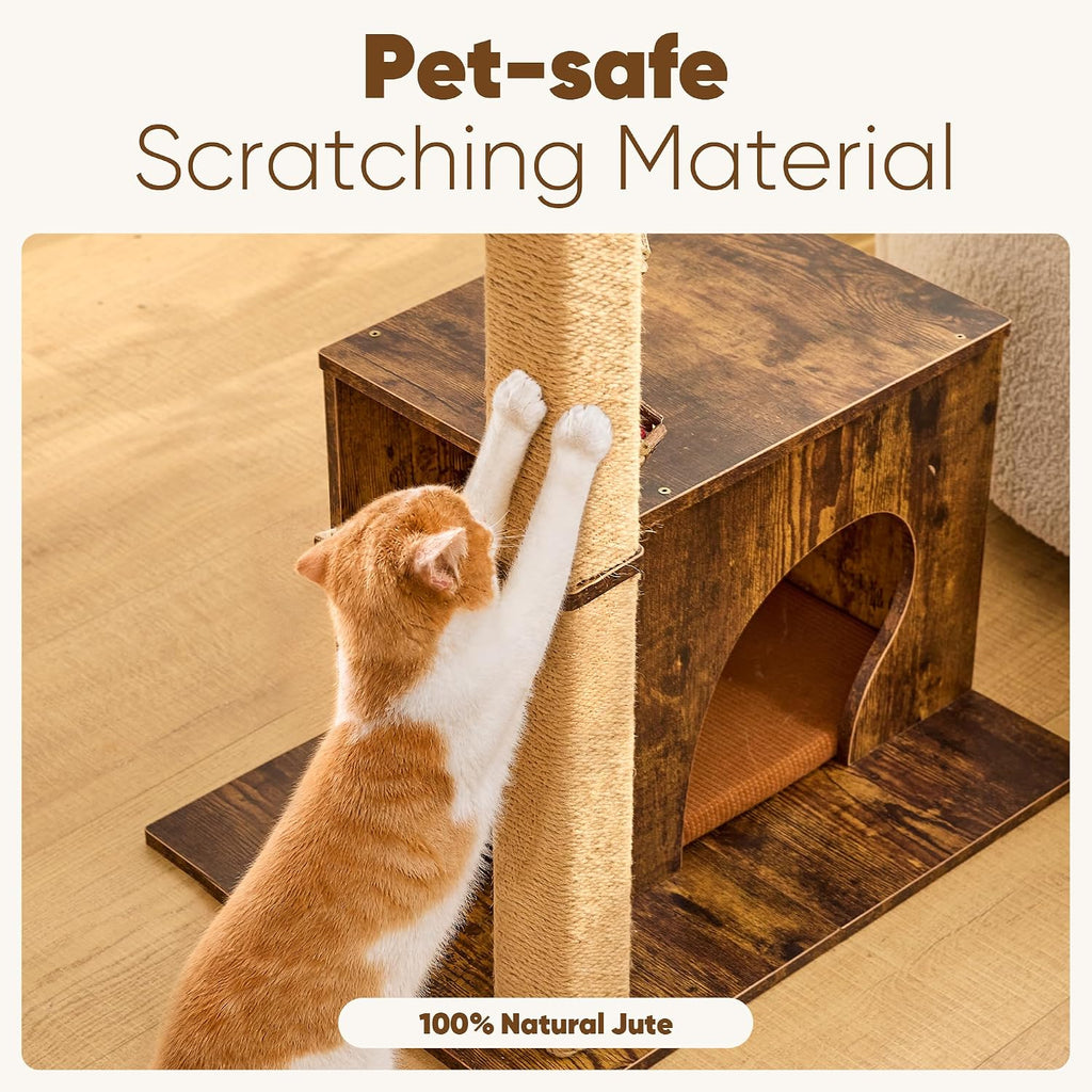 Retro-Modern Cat Tree, Small Wooden Cat Tower with Post and Condo