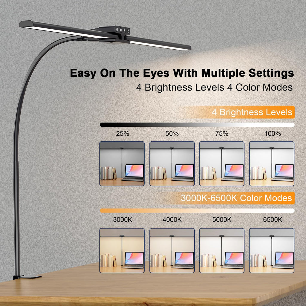 24W Led Desk Lamps with Clamp Home, 31.5-in Double Head, Black