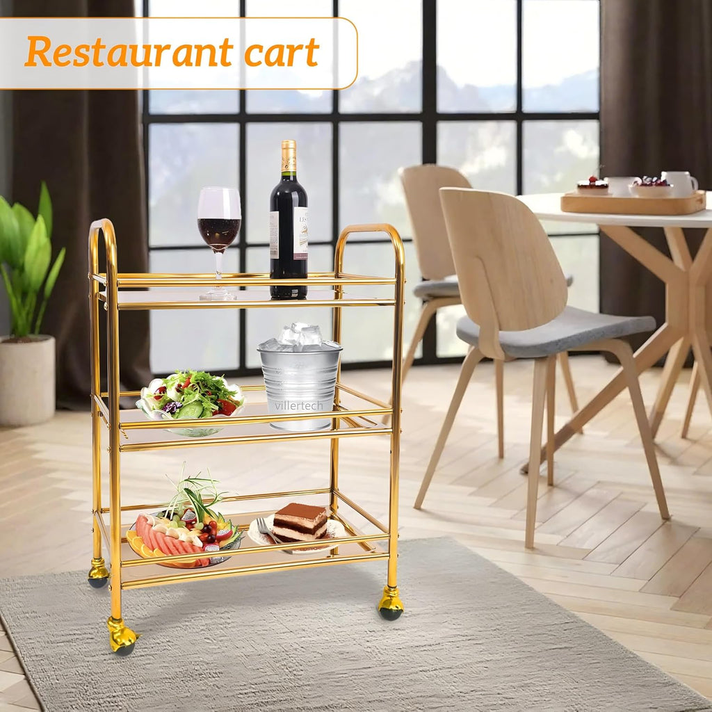 End Table,3-Tier Stainless Steel with Upgrade Wheels | Gold Rolling Cart Kitchen Snacks Coffee Side Table Bar Cart
