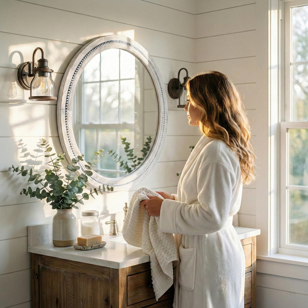 Solid Wood 30 Inch Round Beaded Bathroom Mirror, Distressed White