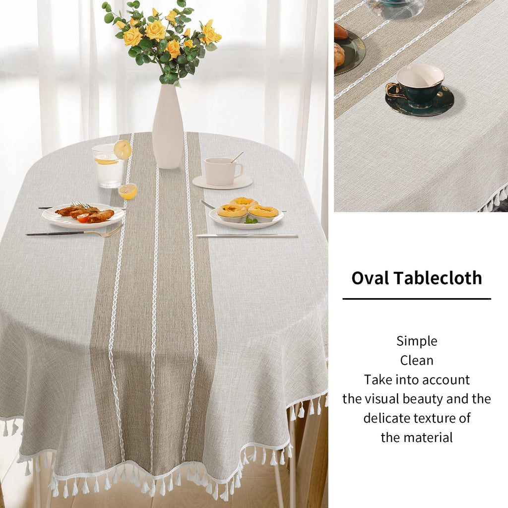 Solid Embroidery Oval Tablecloth with Tassels for Oval Table, 60 x 102 Inch Lace Dust-Proof Table Cover Dinning