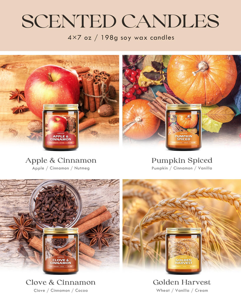 Fall Candles Set - 4 Pack Candles Scented, 28 oz Natural Soy Wax 200 Hour Long Lasting, Autumn Gifts Set for Women