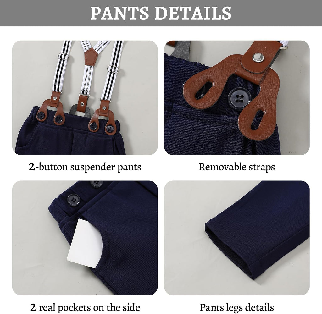 Baby Boy Clothes Suit Infant Gentleman Wedding Outfit Dress Shirt+Bowtie+Vest+Corsage+Suspender+Pants 6Pcs Set